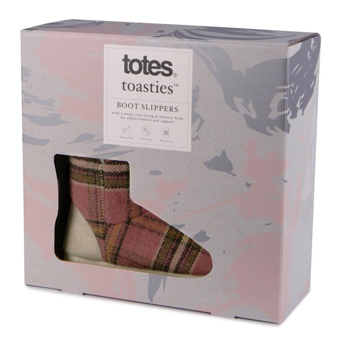 totes toasties® Ladies Tartan Check Boot Slippers Pink Extra Image 1